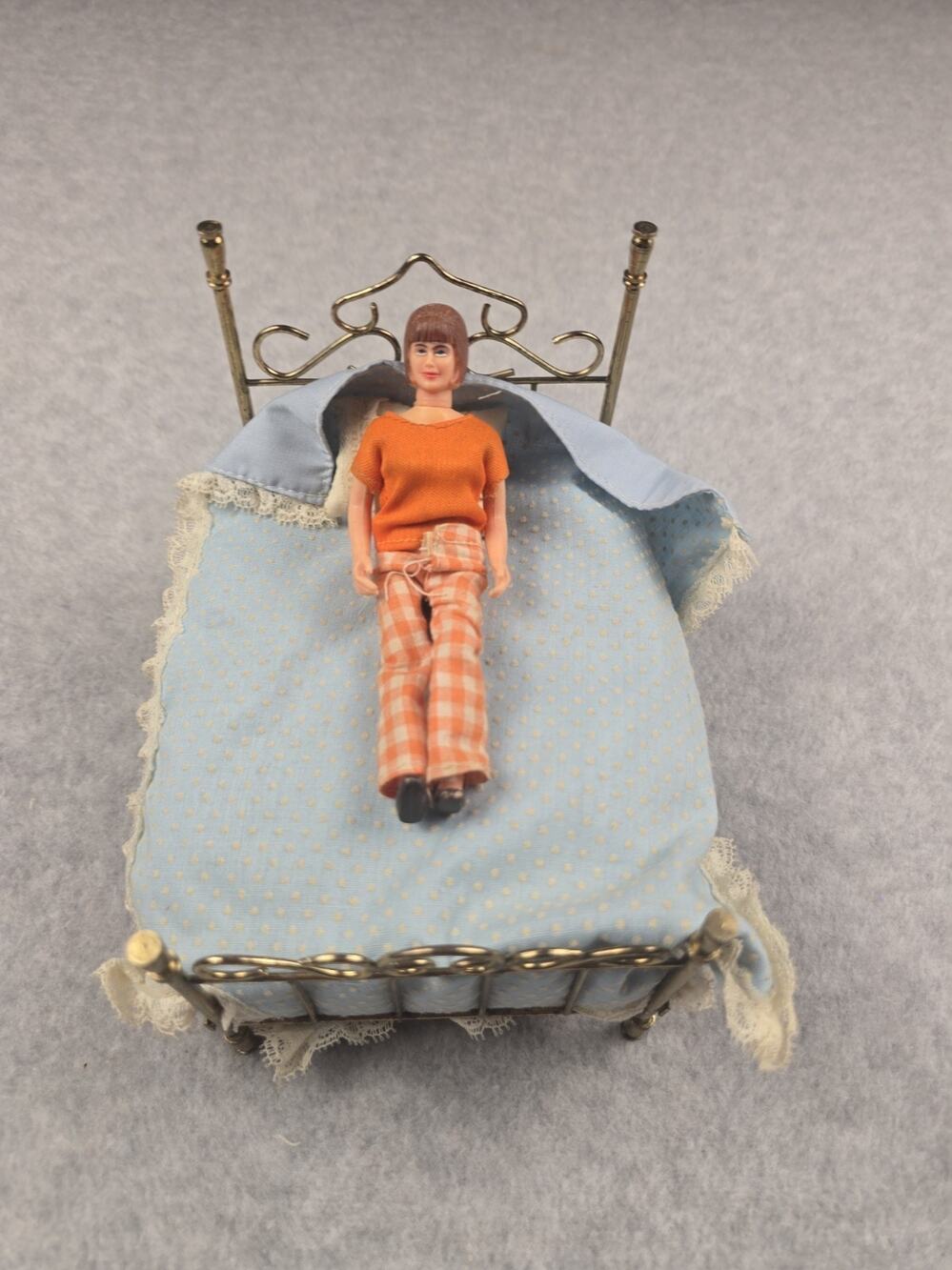Vintage Miniature Metal Bed Lot - Bedding, Pillow & Doll 1:12 Scale As-Is